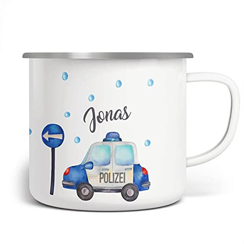miKalino Emaille Tasse Jungs - Trinkbecher Kinder personalisiert - Emaille Becher mit Polizei-Motiv - Kindertasse mit Namen - Kindertasse bedruckt - Emaille Becher Weiß