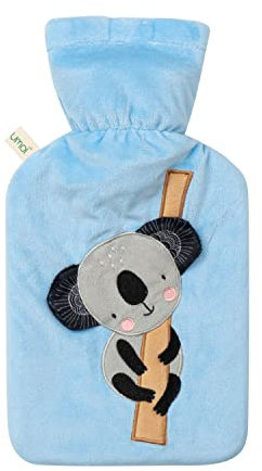 Premium Wärmflasche 1 Liter mit hochwertigem weichem Fleece Bezug eingesticktem Koala, Klettverschluss und extra Fütterung, BS1970:2012 zertifiziert, Koala blau