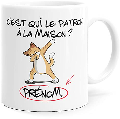 Mug Humour Personnalisable Nom Chat C’est qui le Patron Tasse Message drôle Animaux Texte Personnalisé Animal. Idée Cadeau Original Ami Couple Enfant Collègue Mère Père pour Anniversaire Noël Fête.