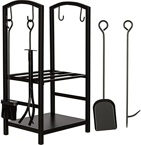 STILISTA® Kaminholzständer 73 x 40 x 30 cm, 2 Ablagen, inklusive Kaminbesteck 4-teilig, Schaufel, Besen, Zange, Haken