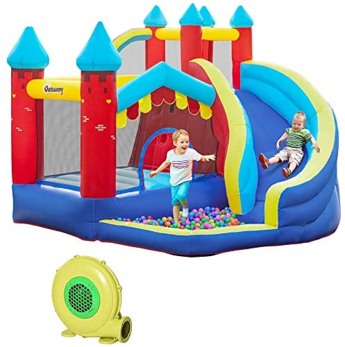 Outsunny 4 In 1 Kids Bouncy Castle, Large Inflatable House w/Trampoline, Slide, Water Pool, Climbing Wall, Includes Blower, Bag, Ages 3-8 Years, 2.9 x 2.7 x 2.3m