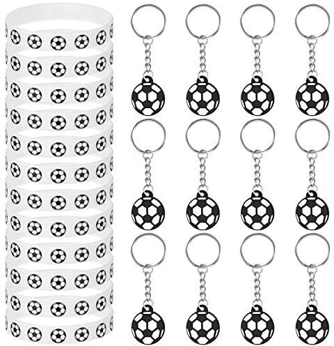24 Stück Fußball Schlüsselanhänger Silikon Armband Set Fußball Party Mitgebsel mit 12 Fußball Schlüsselbund und 12 Silikon Armband Fußball Party Deko für Kinder Geburtstag Schule Karneval