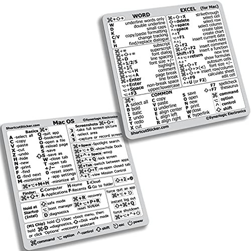 SYNERLOGIC (10 sets) Mac OS + Word/Excel (for Mac) Shortcuts Stickers Bundle | No-Residue Laminated Vinyl Cheatsheet MacBook Keyboard Stickers 83 x 83 mm (White, 10 sets)