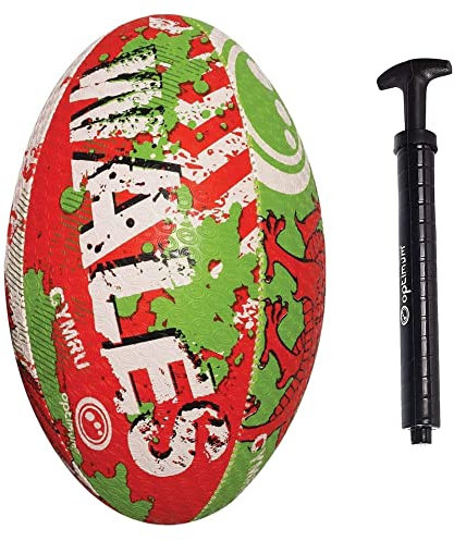 Optimum Wales Rugbyball, ikonischer Stil mit großartiger Flug- und Luftrückhaltung, gummierte Oberfläche für besseren Halt, 2-lagiger 410-g-Ball, Größe 4, mit Pumpe
