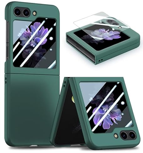 Samsung Galaxy Z Flip 5 Case Built-in Tempered Cover Screen Protector Shockproof Matte Coating Case Hard PC Ultra Thin Bumper Anti-Slip Protective Skin Case for Samsung Z Flip 5, Dark Green