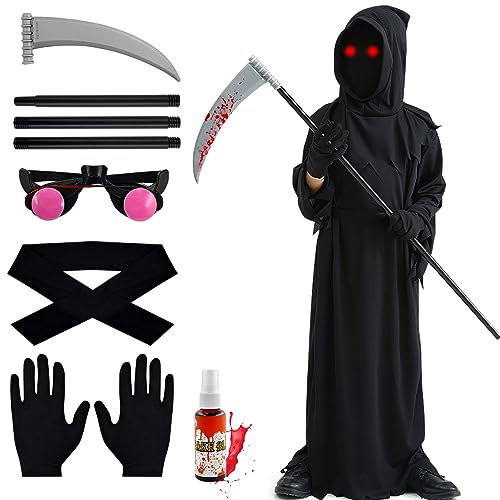 Costume Halloween de Faucheur avec Yeux Brillants,Faucille,Gants,Faux Sang,Capuchon,Déguisement de Fantôme pour Halloween Cosplay,Cape de Vampire pour Enfants 8-10 Ans (Taille M)