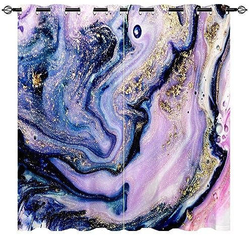 YUANZU Marmor Vorhänge Bunte Lavendel Blau Gold Tinte Lila Ösen Gardinen mit Blickdichte Vorhang Kälteschutz Blackout Curtain Wohnzimmer Schlafzimmer Verdunkelung Fenster, 2 Stück, H 200 x B 140 cm