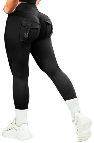 TZLDN V-Back Sport Leggings Damen Scrunch Leggins High Waist Bauchweg Sporthose Po Push Up Yoga Hosen Laufhosen Cargo - Schwarz S