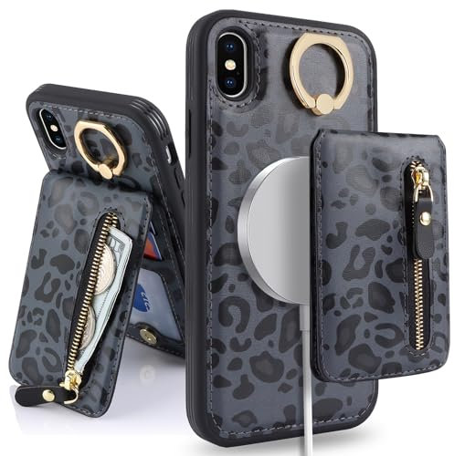 SailorTech Case for iPhone XS - Ring Stand Kickstand Wallet with Card Slots - Detachable 2-in-1 Zipper Case - Black Leopard