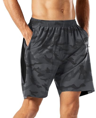 HMIYA Herren Sport Shorts Schnell Trocknend Kurze Hose mit Reißverschlusstasch (Camouflage Grau,XXL)
