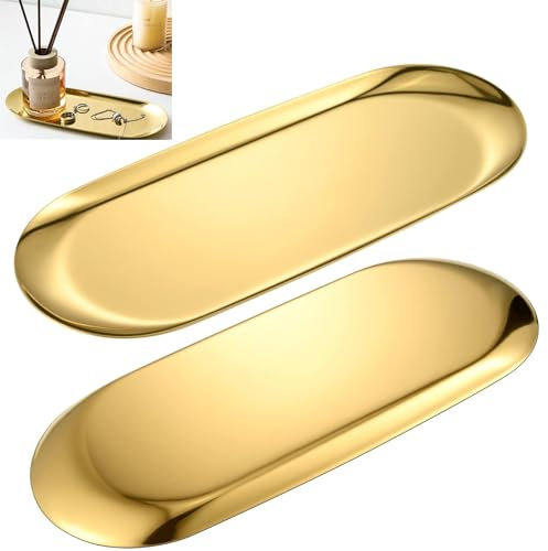 2 bandejas ovaladas de Acero Inoxidable, ovaladas, 23 x 9 cm, Bandeja Decorativa, para Velas, Ovalada, Bandeja para Joyas, postres, cosméticos, Joyas, Velas (Dorada, Plata) (Dorada)