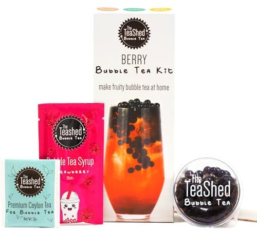 Berry Bubble Tea Kit | Fruit Boba Tea Set Includes Strawberry Syrup, Blueberry Popping Boba, Tea Bag and Paper Straw | by THE TEASHED