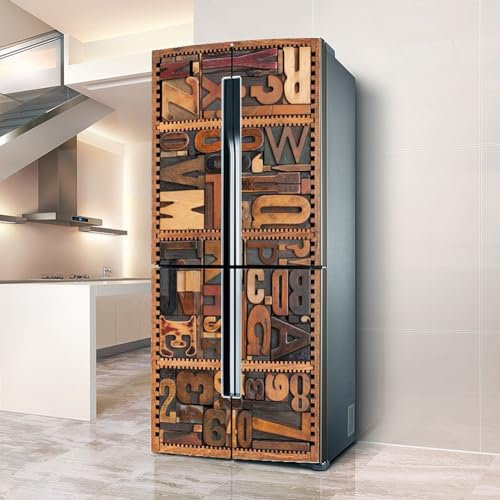Fridge Wraps Kitchen Fridge Stickers Cover Full Doors, Fridge Sticker Full Covering Door Fridge Covers Skins Wall Stickers for Kitchen Decal, Retro Letter Number Jagged