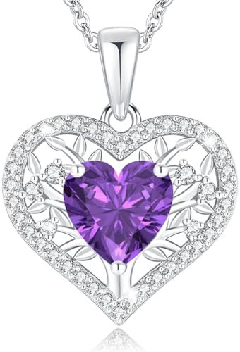 LAVUMO Lebensbaum Herz Kette Damen 925 Sterling Silber Geburtsstein Anhänger Halsketten Geburtstagsgeschenk für Frauen Freundin Mama Valentinstag Muttertags Weihnachten (Silber-02-Februar)