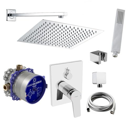 vanvilla Duschsystem mit Unterputz Duscharmatur von Hansa Twist Einhebelmischer und vanvilla Regendusche mit Armatur, Duschkopf eckig, Dusch-SET A102 poliert