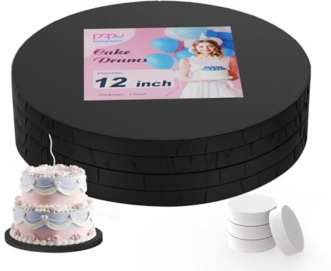 POPUPARTY Cake Boards 12 Inch Round,Greaseproof 12 Inch Cake Boards,1/2 Thick Black Cake Base with Prop Up Tool for Multi-Tiered Cakes of Birthday, Wedding (4-Pack)
