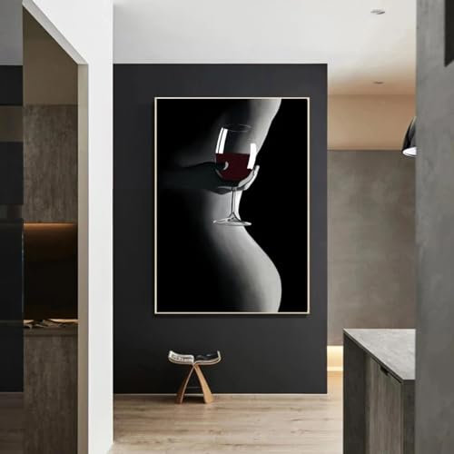 dsdsgog Kunstdruck auf Leinwand, nackte Frau, Weinglas, Gemälde, Schwarz-Weiß, sexy Mädchen, Poster, Wandkunst für Wohnzimmer, Heimdekoration, Bilder, 70 x 100 cm, rahmenlos