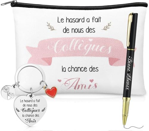 Jadive Cadeau Collègue de Travail Femme Porte-Clés Trousse de Maquillage avec Stylo Cadeau Départ de Collègue Idée Cadeaux Retraite Merci pour Ami Noël Anniversaire(Collègues par Hasard)