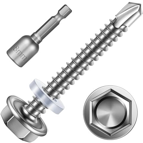 Viti autofilettanti, viti esagonali, in acciaio inox, viti autofilettanti, viti per lamiera trapezoidale, con rondella di tenuta e chiave esagonale, 25 pezzi, 6,3 x 63 mm