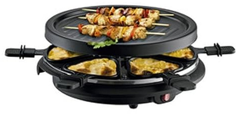 Raclette y plancha eléctrica para 6 personas, 800W, ideal para cenas y reuniones, permite cocinar y derretir quesos fácilmente.