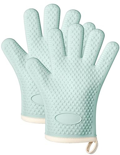 Ofenhandschuhe Silikon Anti - Rutsch Topfhandschuhe, Hitzebeständige Handschuhe, Grillhandschuhe, Kochhandschuhe, Backhandschuhe mit Fünf-Finger, Perfekt zum Kochen, BBQ, Backen, 1 Paar (Mintgrüne)