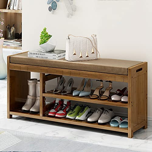 Rustikale Bauernhaus-Bank aus Bambus mit gepolstertem Sitznizer für Eingangsbereich, Wohnzimmer, Schrank, Braun, 102 x 29 x 46 cm