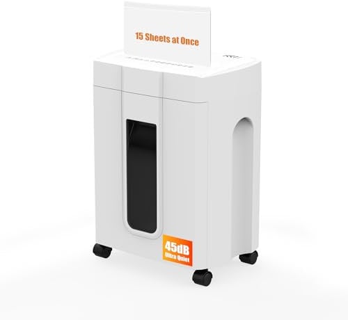 45dB Ultra Quiet Paper Shredder, 15 Sheets Cross Cut Shredders for Home Use UK with 18L Pull-Out Bin & Casters, White Office Shredder for Confidential Documents,Shred Credit Card/Mail/Staple