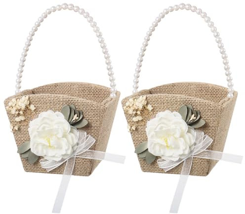2 Stück Blumenmädchen Korb mit Henkel, Blumenkörbchen Hochzeit für Blumenmädchen(Braun)