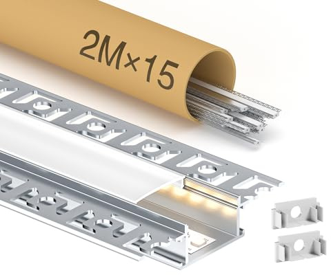 GEEKLUX 15 x LED Trockenbauprofil 2 m (30 m) – Aluminium Profil für Stuckleisten Decke Schiene mit halbtransparenter Abdeckung, ideal für Deckenleisten und LED Streifen bis 20 mm Breite