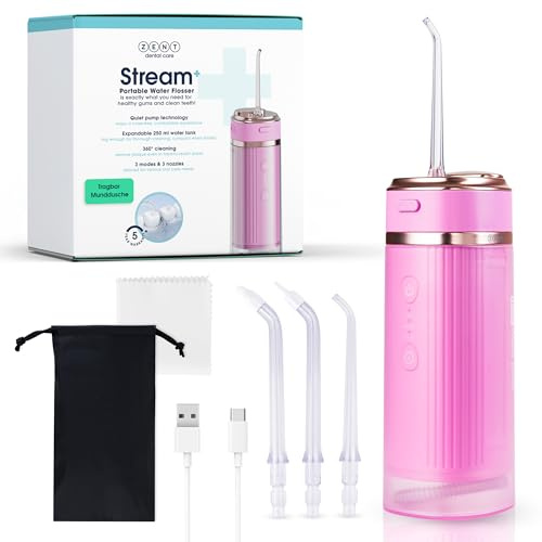 ZENT Stream+ Irrigador Bucal viaje con tecnología rotativa avanzada de 360° | Irrigador dental portatil, 3 Boquillas, Presión ajustable, Limpia quitar sarro dientes, Batería duradera, IPX7 Impermeable