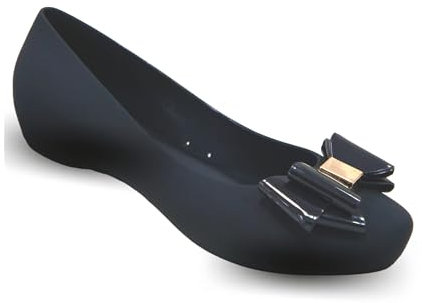 Gizelle Womens Black Jelly Ballet Flats with Bow - Ladies Comfy Slip-On Shoes Casual Wear Every-Day Jelly Ballerina Pumps, 6 UK