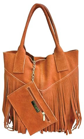 Modarno Borsa shopper da donna in vera pelle scamosciata con frangia più custodia per gioielli dello stesso colore - Borsa a mano - Borsa a spalla (Arancione Chiaro)