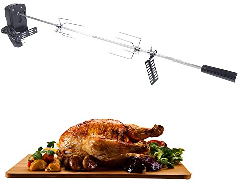 MEELRYD Edelstahl Grillspieß Set, Premium-Drehspießit mit 2 Fleischklammern, Betrieb durch Batterien oder Netzteil, Universal Grillspiess-Set für Batteriebetrieb aus Edelstahl, Traglast 8 kg
