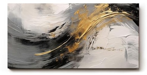 Sinus Art Wandbild 100x50cm Dynamisches Motiv mit geschwungener Bewegung in Schwarz, Weiß und Gold für eindrucksvolle Raumgestaltung