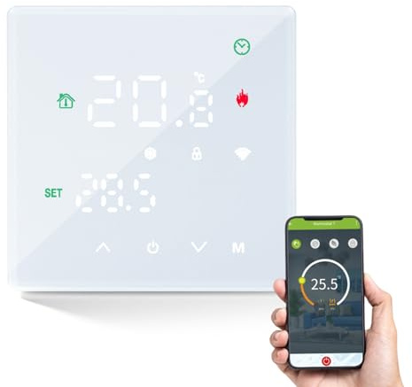 Thermostat WiFi Intelligent Programmable pour Thermostat Chaudiere Gaz Eau, Montage Mural avec Affichage LCD Numérique 5 A 230 V Compatible avec Alexa Et Google Home
