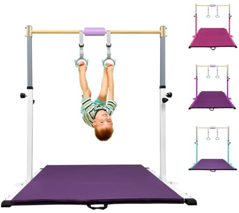 HomeSun Gymnastikstange für Kinder Robuste Kip Bar mit Ringen horizontale Turnreck für Heimtraining Höhenverstellbar 90-150cm Trainingsgerät bis 100 kg