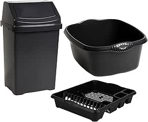 FotoStation – 3-Piece Combo 50L Swing Bin with Large Dish Drainer & Rectangular Washing Up Bowl Multi-Purpose Plastic Waste Bin, Wash Basin & Dish Drying Rack for Home & Office (Black)
