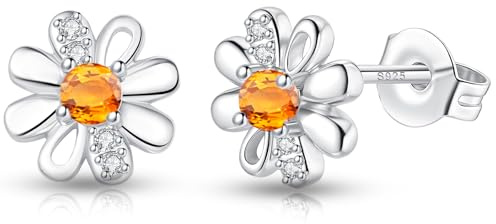 DOA Daisy Sterling Silver Plated Stud Earrings, Silver Earrings With Orange Zircondia Crystals, White Flower Earring Jewellery Gifts For Girls
