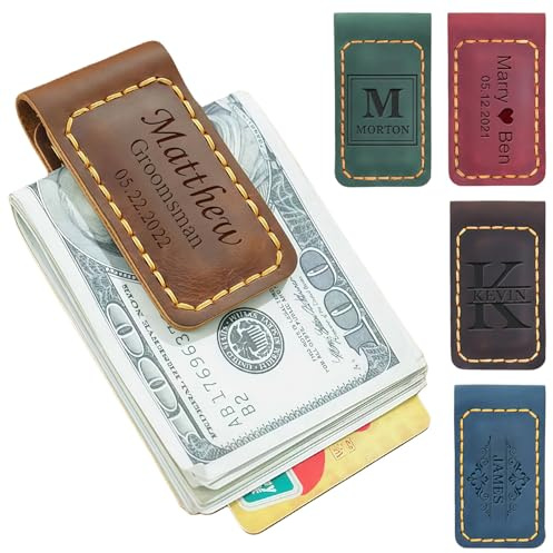 Portamonedas Magnético Personalizado, Pinza Magnética Para Billetes De Cuero Grabada, Nombre Y Fecha Personalizables, Pinza Plegable Para Billetes De Viaje Para Hombres, Papá, Abuelo(Brown)