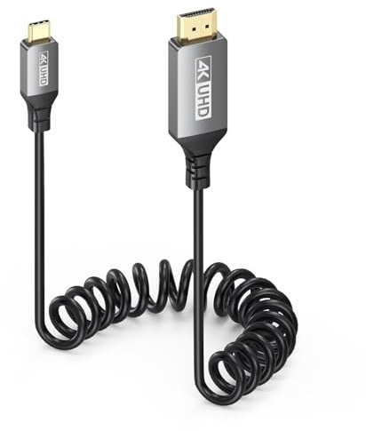 UVOOI 4K USB C to HDMI Coiled Cable 1FT-3FT, USBC Type C to HDMI Cable | Retractable Coiled Compatible with Thunderbolt 3/4/5, iPhone 17/16, MacBook Air/Pro, Mac Mini, iPad Pro, Laptop, Galaxy S26