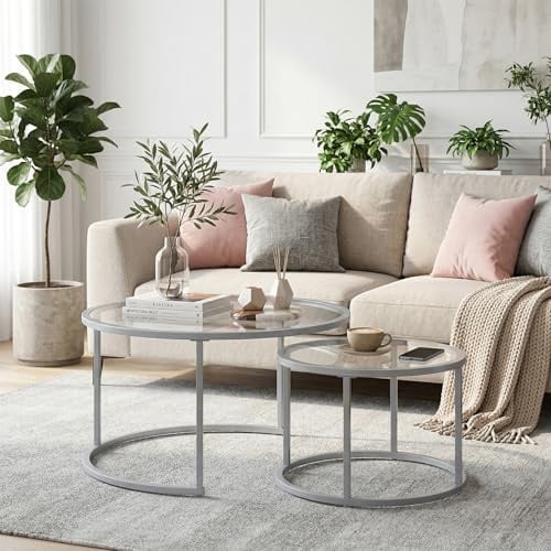 Ginhow Mesa de Centro Redonda Cristal Set de 2 Mesas Auxiliares para Salón, Mesa Nido Moderna con Patas Grises, Mesa Centro Salón de Vidrio Templado, Muebles de Salón Modernos 80 y 60 cm