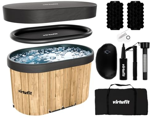 VirtuFit Baño de hielo oval 500 L Wood Look – Recipiente de agua fría Ice Bath para regeneración y recuperación muscular – plegable, aislamiento de 5 capas, incluye accesorios, exterior e interior