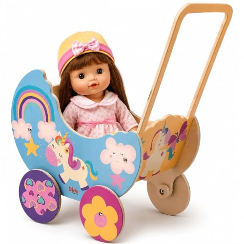 Dida - Puppenwagen Einhorn, Aus Holz Gefertigt, Wagen für Puppen bis 35 cm, Ideal für Rollenspiele, Perfekt für Kinder von 2, 3, 4 Jahren, Kreatives und Pädagogisches Spielzeug