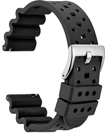 WOCCI 22mm Ventilato Cinturino per Orologio da Uomo, FKM Gomma (Non Silicone), Fibbia Argento (Nero)