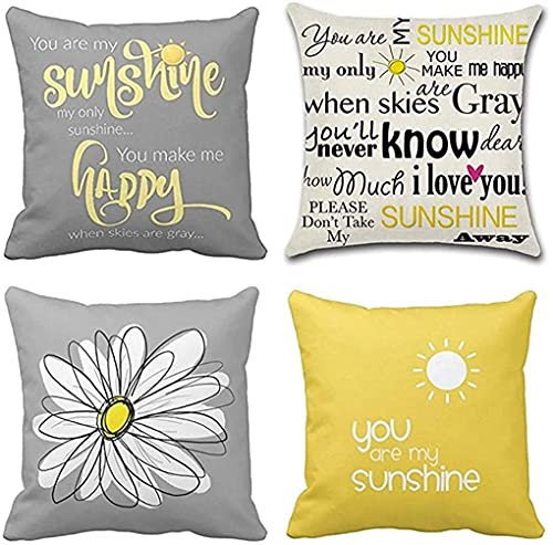 ZHILING Set mit 4 Kissenbezug 40 x 40 cm Gelb und Grau Weiß Modern Daisy You Are My Sunshine Words Dekorative Outdoor-Kissenbezüge Wohnkultur Quadratische Kissenhülle 16 x 16 Zoll