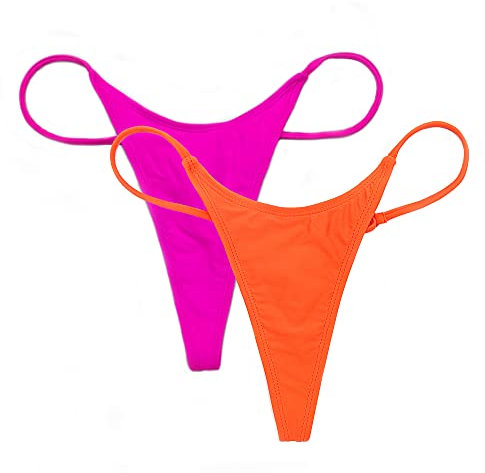 SHEKINI Donna Bikini Perizoma Brasiliano Nuoto Tronchi Sexy Gamba Alta Costumi da Bagno Chic Tanga da Donne Vita Bassa Cheeky Thong Fondo Bikini da Spiaggia(S,Arancione+Rosa Thong)