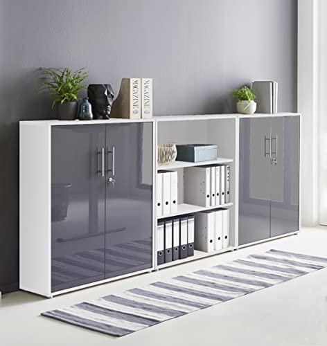 Schrankwand TABOR 9 Büroregal Aktenschrank Büroschrank abschließbar in diversen Farbvarianten (weiß/anthrazit Hochglanz, 4-türig)