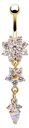 14g Piercing Nombril Strass Pendant Acier Chirurgical, Bijoux de Corps Femme Sexy Piercing de Ventre Femme Pendentif Fleur avec Zirconium
