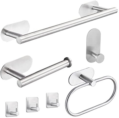 Laimew Juego de Accesorios de Baño, Toalleros de Baño sin Taladro 7 Piezas, Toalleros de aro para Baño de Acero Inoxidable Plata