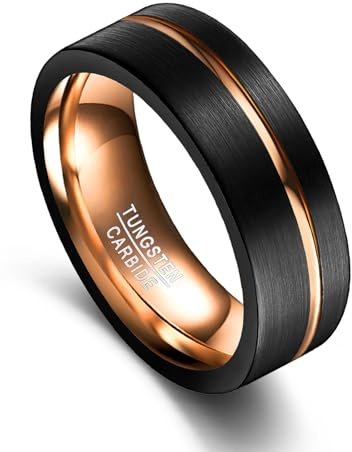 Vakki 8mm Wolfram Ring für Herren, Dünne Rille, Schwarz-Roségold Zweifarbig Ringe für Hochzeit und Alltag, Komfortpassform, Abgeschrägte Kanten, Größe 63.4(20.2)